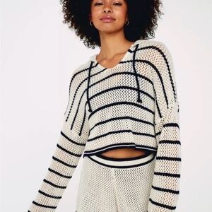 Offline by Aerie Navy Striped Knit Beach Hoodie Cover Crochet Sweater Short Set